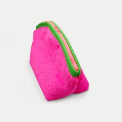 großer Projektbeutel in flauschigem Pink , eingefasst mit greenbox Filz , Reissverschluss in Neonpink, innen Filz in Giftgrün